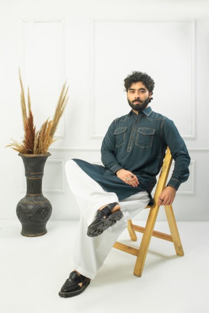 Deep Teal Embroidered Kameez with White Shalwar – A Fusion of Elegance and Tradition